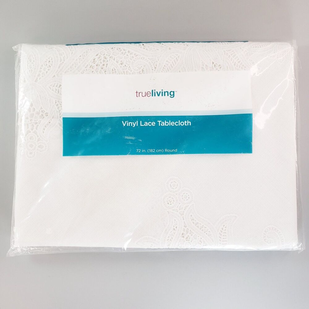True Living Vinyl Lace Table Cloth 72" Round White Party Supplies Wedding Dining